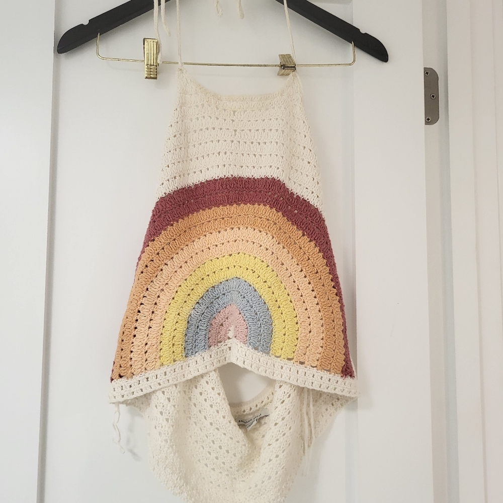 Rainbow White Crochet Boho Tank Top American Eagle Sz L